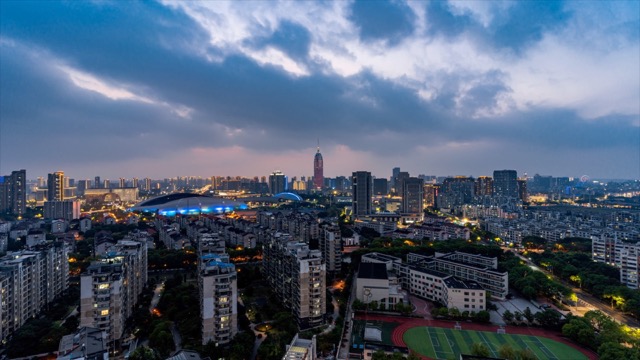 奥体中心、传媒大厦日夜过渡