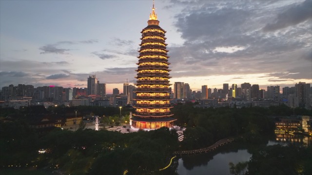 红梅公园天宁寺晚霞夜景航拍