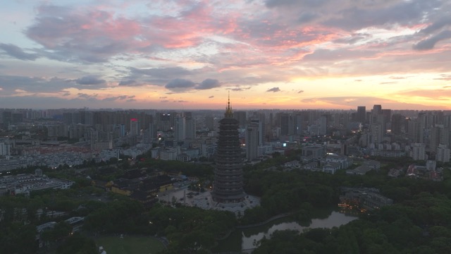 红梅公园天宁寺晚霞航拍