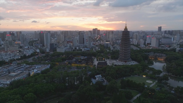 天宁寺文笔塔晚霞航拍