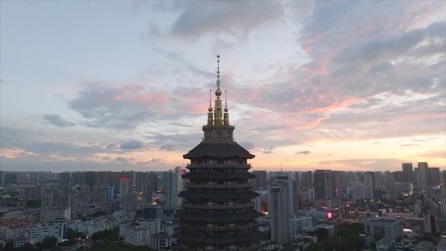 红梅公园天宁寺金顶特写 晚霞航拍